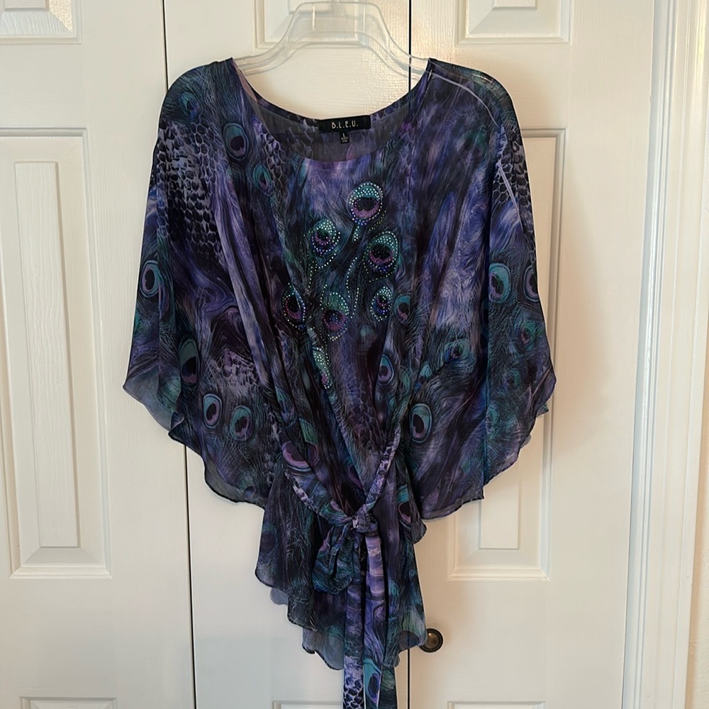 B.L.E.U. Blouse, blue, green, purple peacock pattern, L, with removable belt